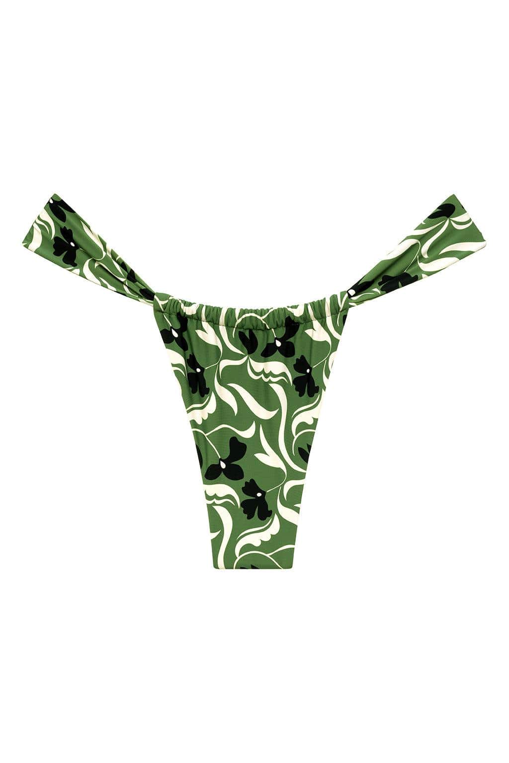 Green and black floral print bikini bottom with white leaf details and tie-side straps.