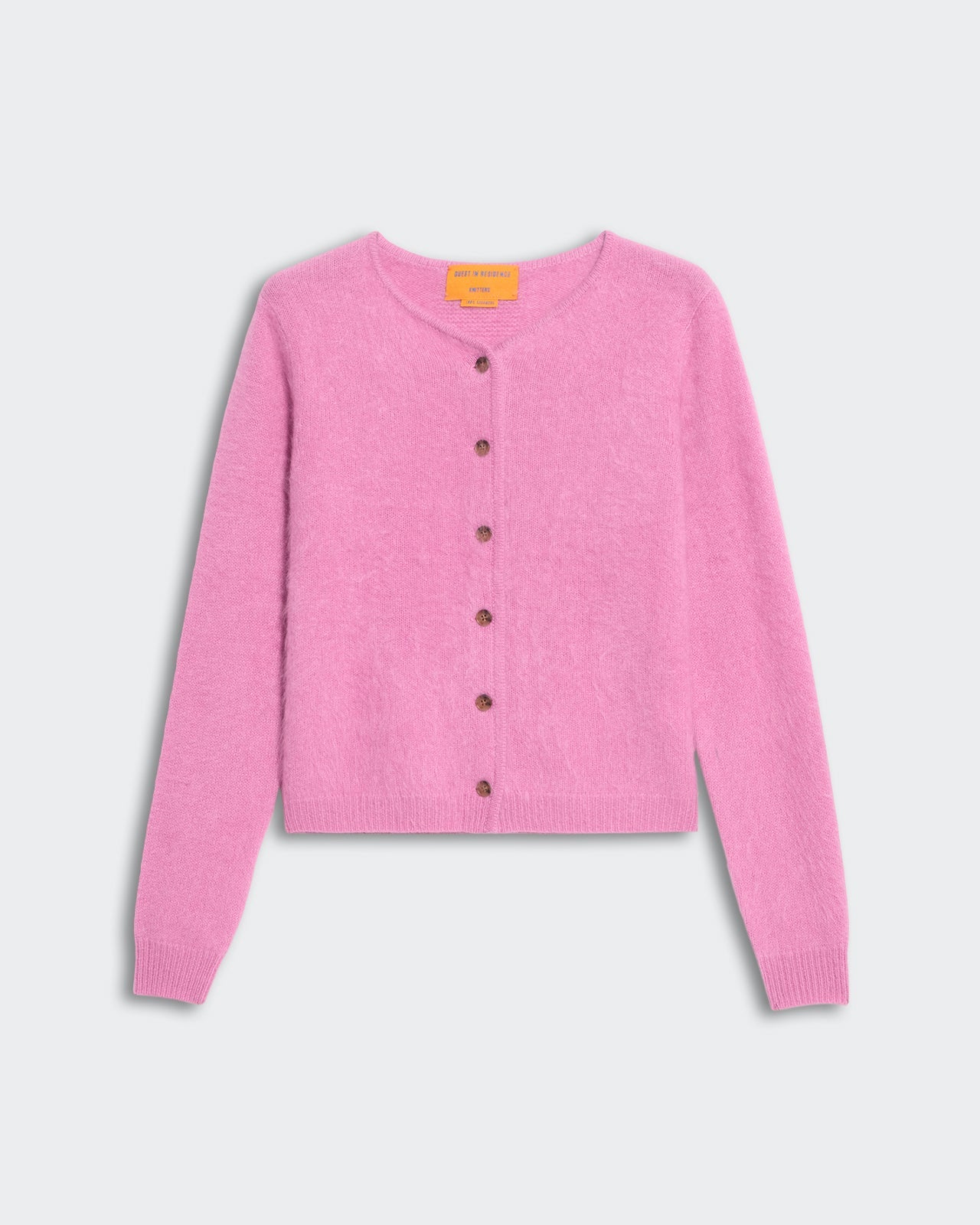 Pink brushed cashmere Grizzly cardigan for women with crew neck and button-down front, medium-weight knit sweater.