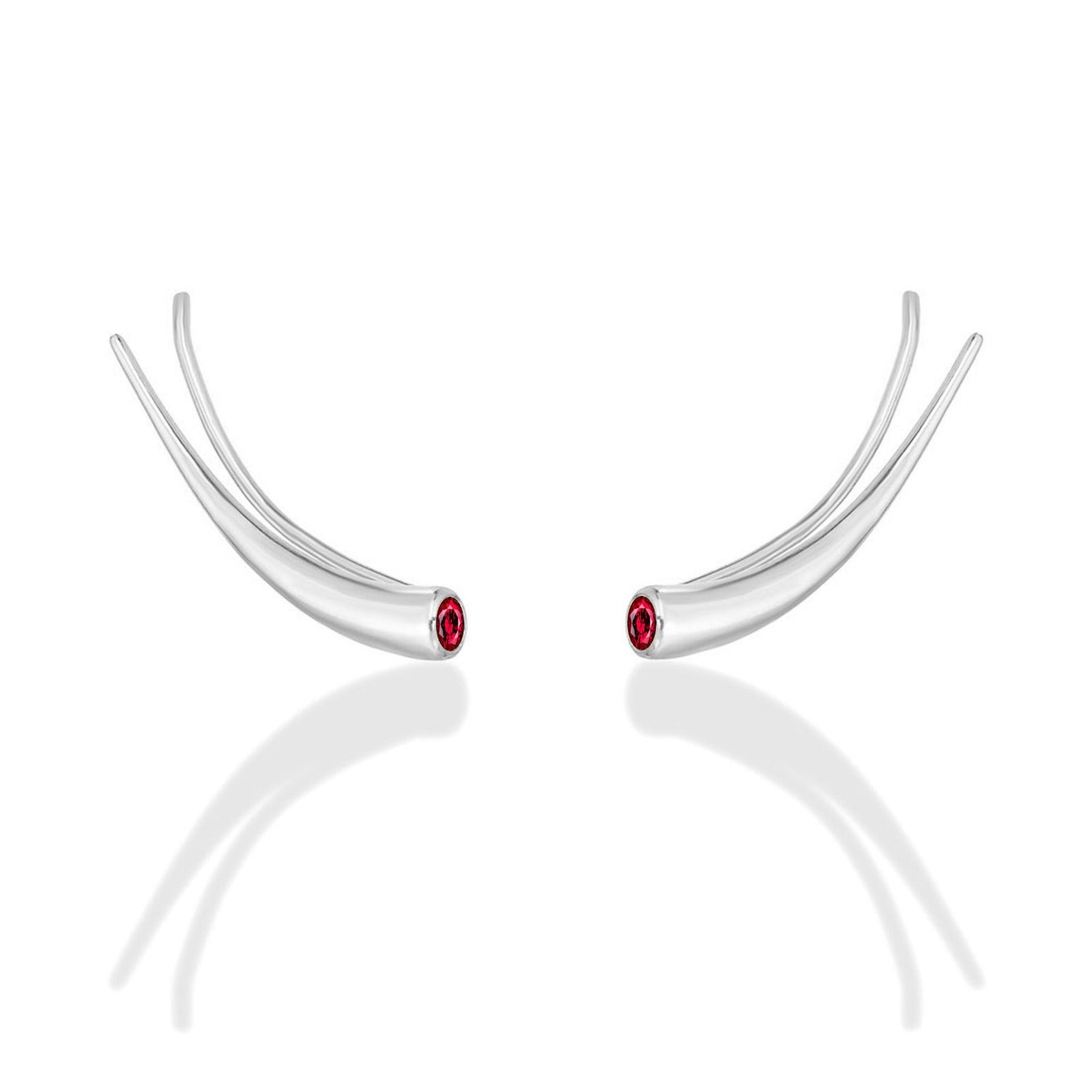 14k white gold Curved Quill Climber Earrings with ruby