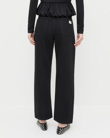 Winona Denim Pant in black denim with crystal accents all over, Posie Peplum Top in black jersey, and Landon Black/Crystal Ballet Flat.