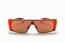 Unisex | Wonder Boy - III Sunglass | Gold - Red Swirl - Side Lens w /PB pattern | Dark Brown w/ Red Mirror