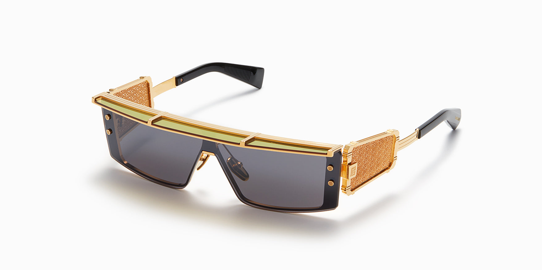 Unisex | Wonder Boy - III Sunglass (LTD) | Gold - Black - Side Lens w /PB Pattern | Dark Grey w/ Black Mirror
