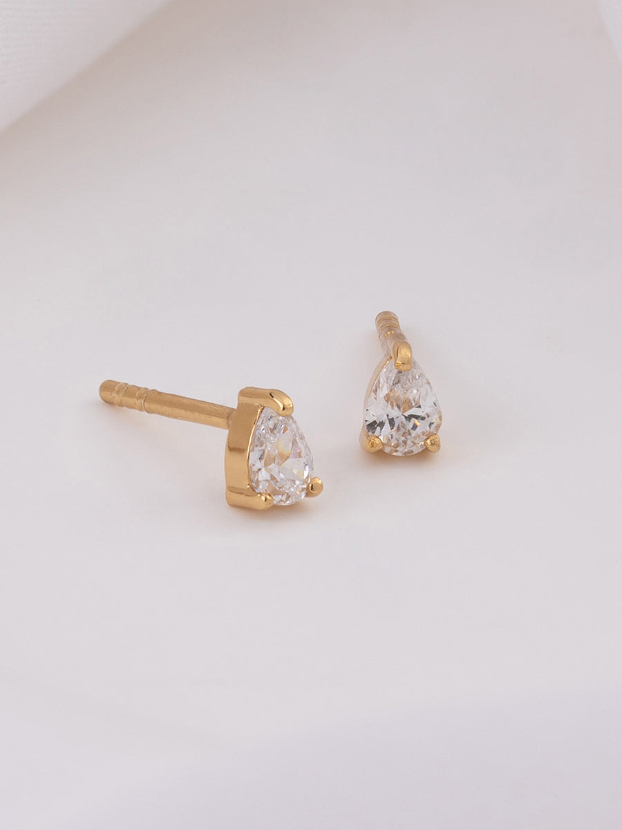 3mm Teardrop Stud Earrings | 5A Grade Cubic Zirconia | 14K Gold Plated Brass