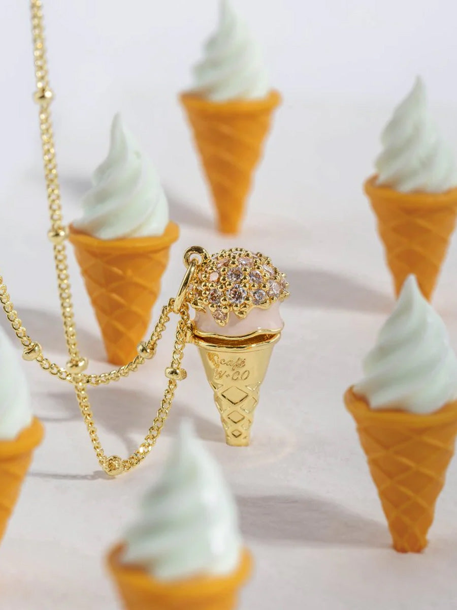 Cafe W+Co Ice Cream Necklace | Natural Gemstone | 14K Gold Plated Brass