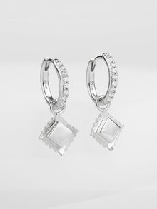 Ravioli Charm Huggie Earrings | 5A Grade Cubic Zirconia | Silver Rhodium Plated Brass