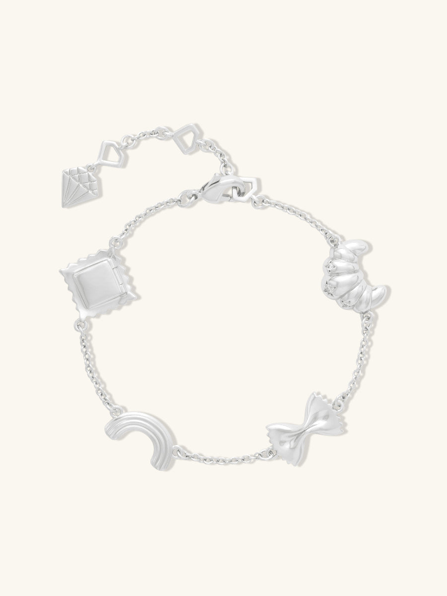 Food Party Charm Bracelet | 5A Grade Cubic Zirconia | Silver Rhodium Plated Brass
