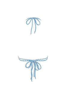 Blue and white wave pattern bikini top with tie closures displayed flat on white background.