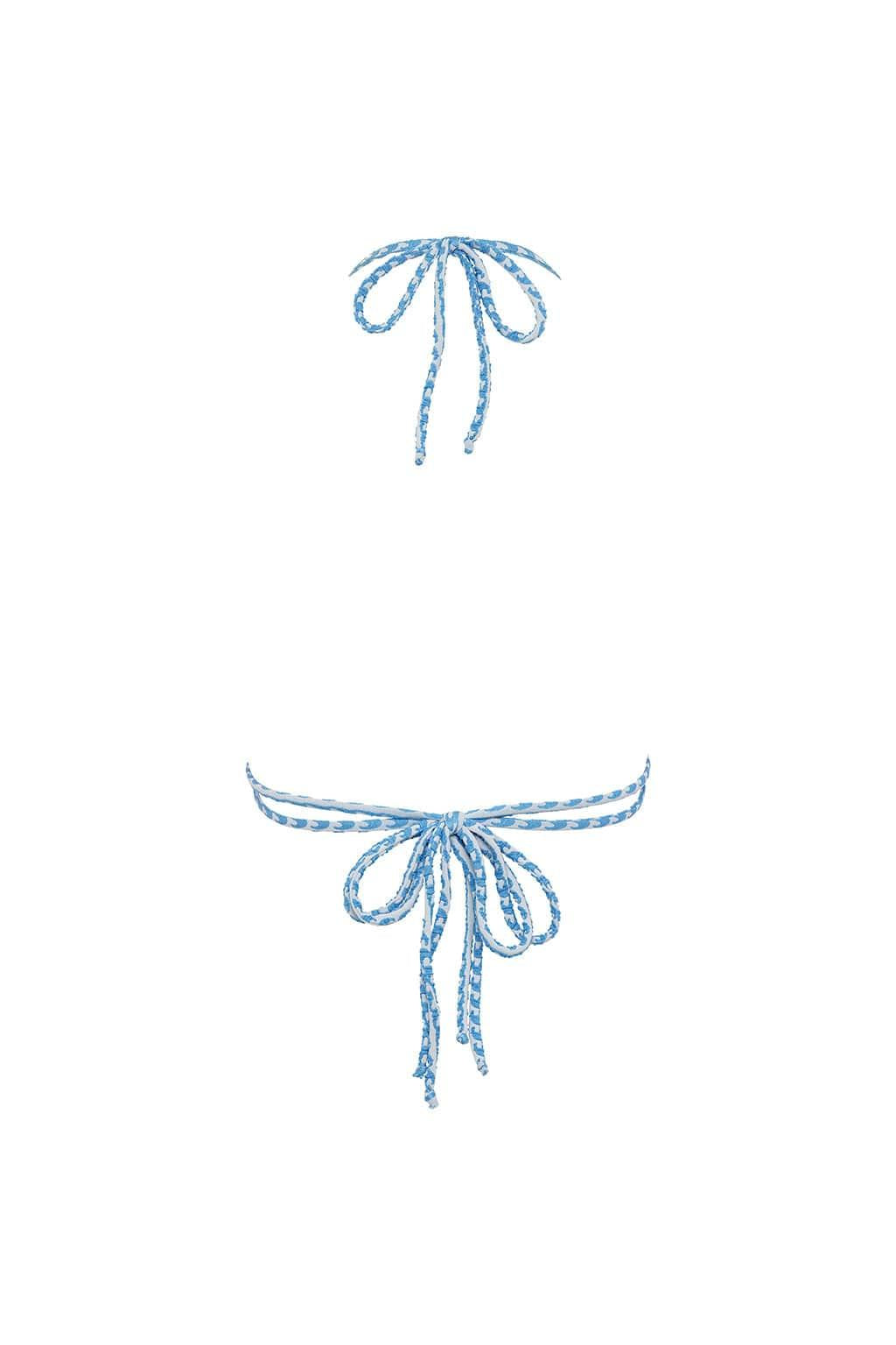 Blue and white wave pattern bikini top with tie closures displayed flat on white background.