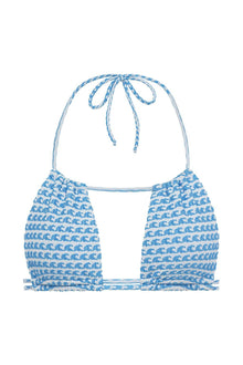 Blue and white wave patterned bikini top with halter ties and ruched cup detail.