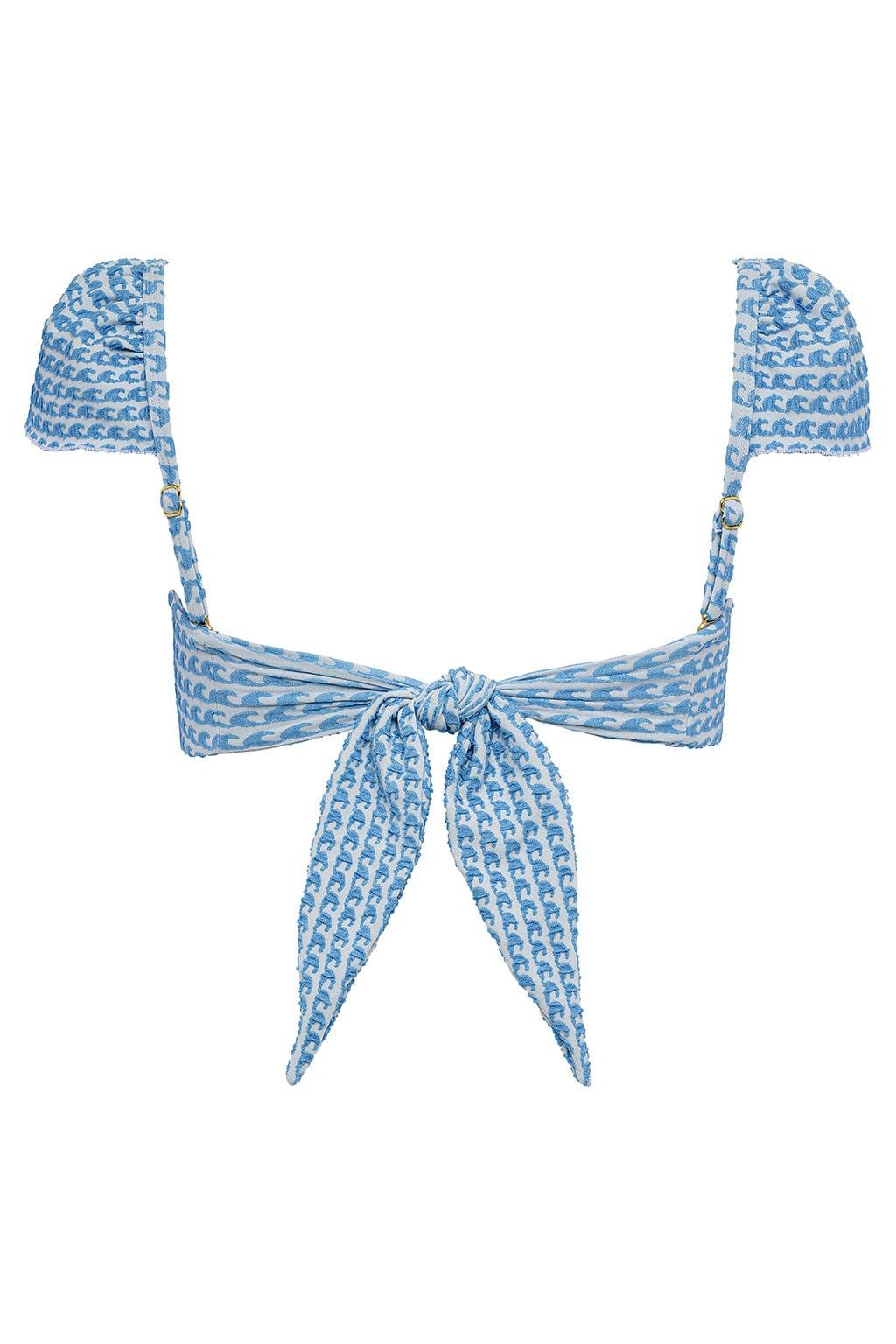 Blue and white wave-patterned bikini top with ruched shoulder cups and tie-front closure.