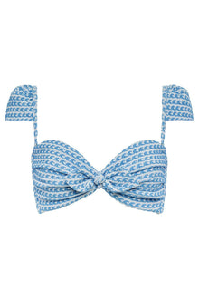 Blue and white wave pattern bikini top with tied center front and ruffled shoulder straps.