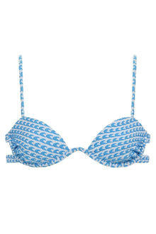 Blue and white wave-patterned bikini top with underwire cups and adjustable shoulder straps.