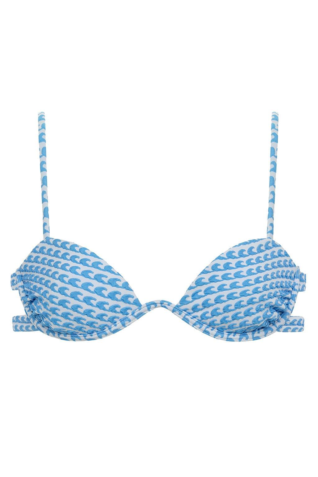Blue and white wave-patterned bikini top with underwire cups and adjustable shoulder straps.