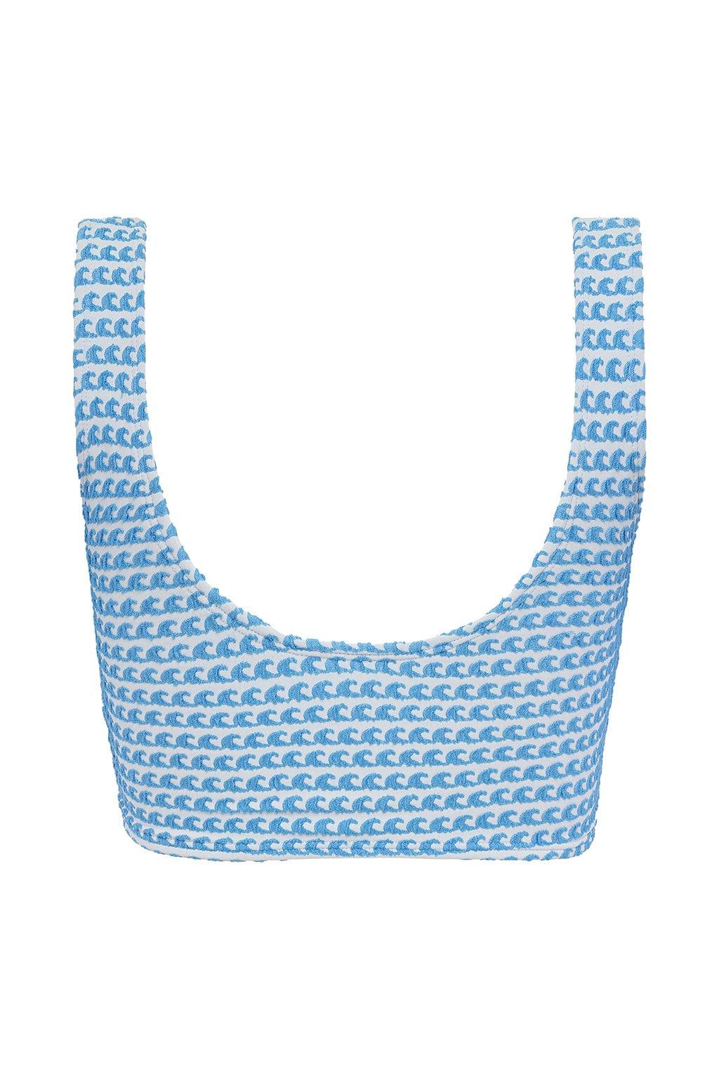 Blue and white bikini top with repeating wave pattern and thick shoulder straps.