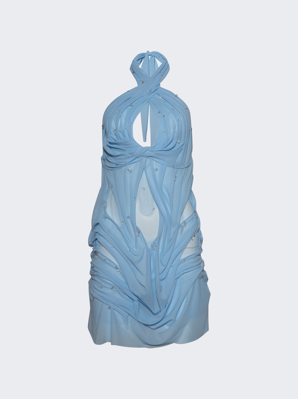 Women | Di Petsa | Wetlook Halterneck Crystal Mini Dress | Light Blue