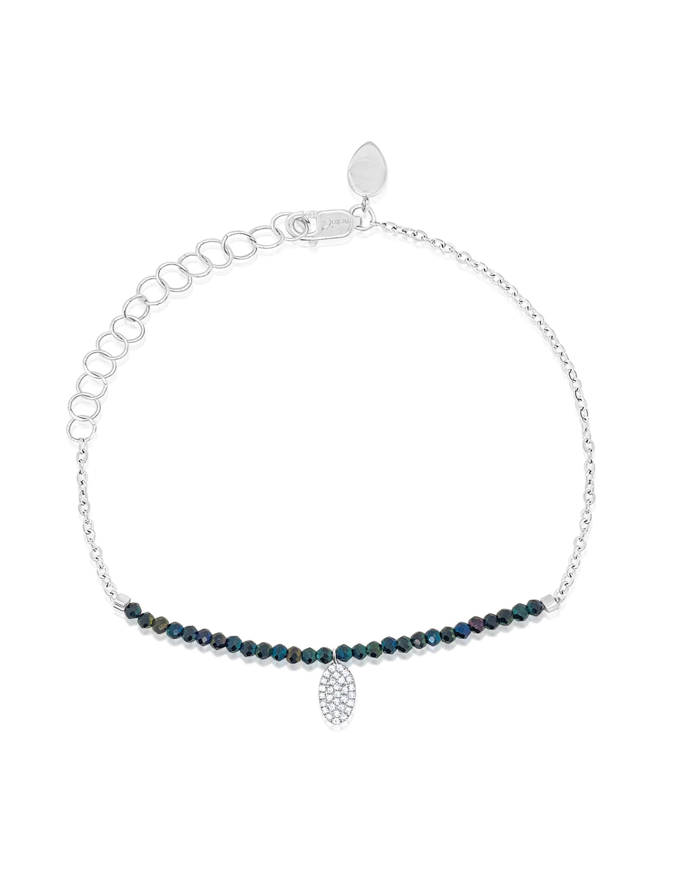 White Gold Hematite Half Beaded Bracelet with Oval Diamond Charm | 9K White Gold