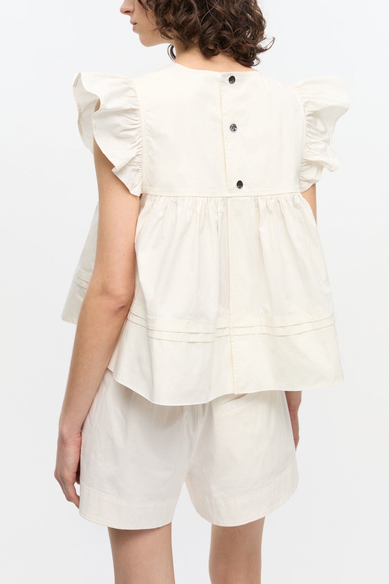 White Stretch Cotton Frill Sleeve Top | Egret