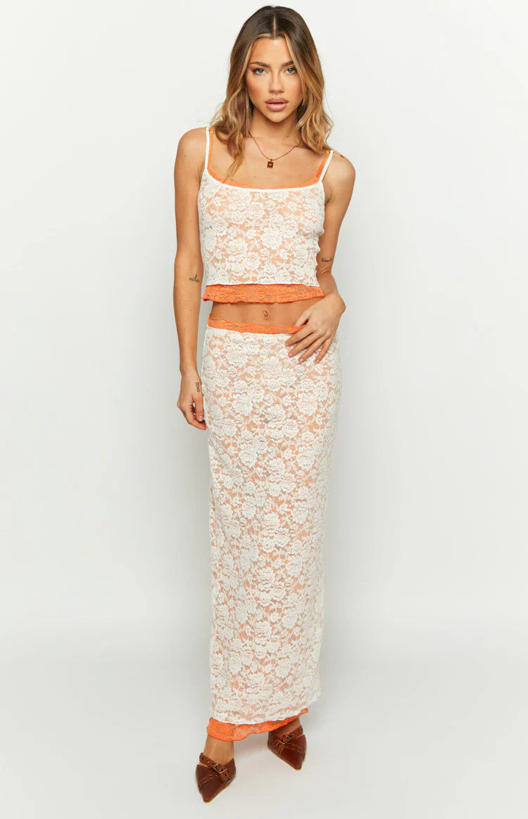 Willow Contrast Lace Midi Skirt | Orange