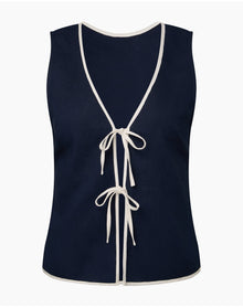 Women | Air Linen Tie Front Tank | Deep Navy White