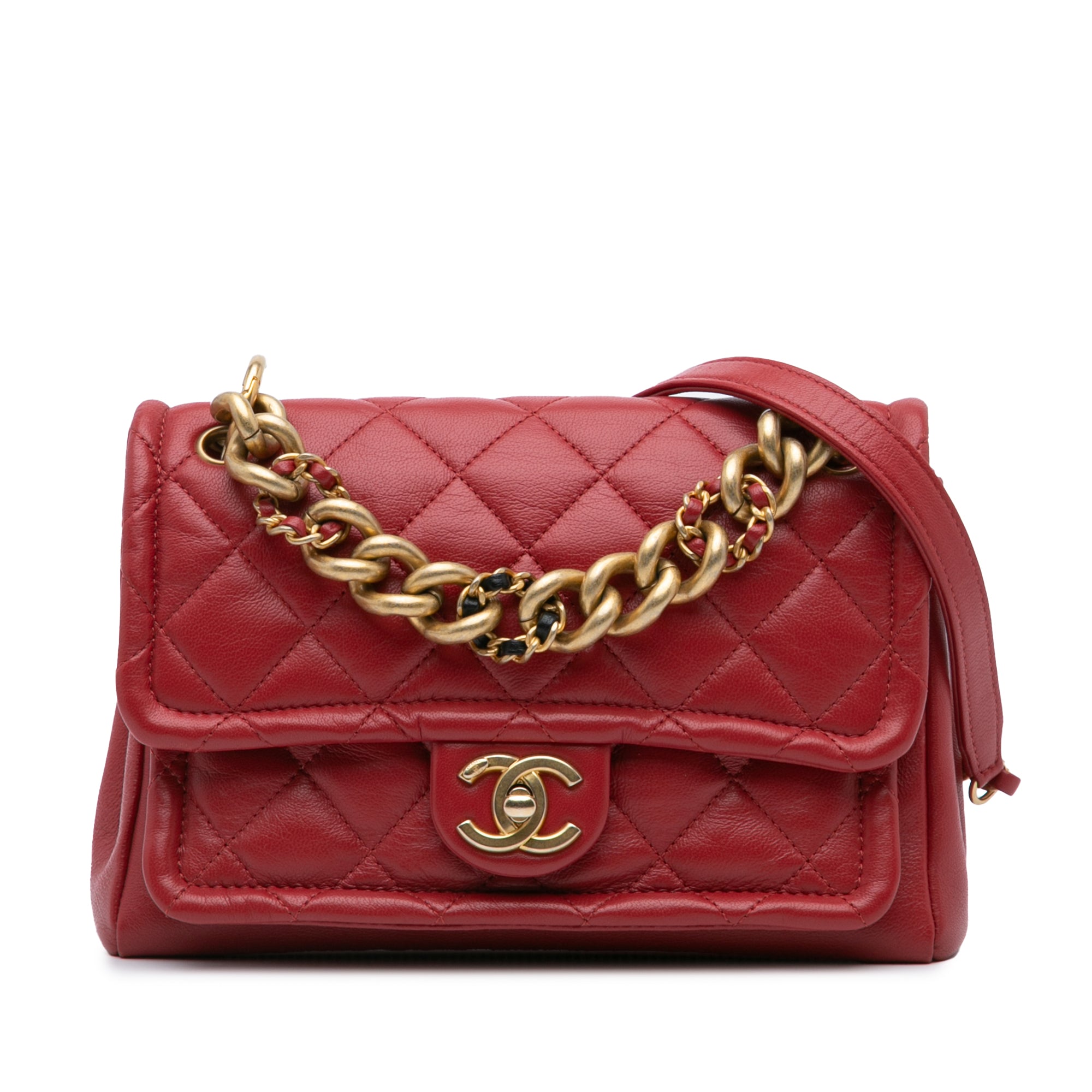 Chanel | Pre-Owned Small Quilted Lambskin Chain Link Flap | Red