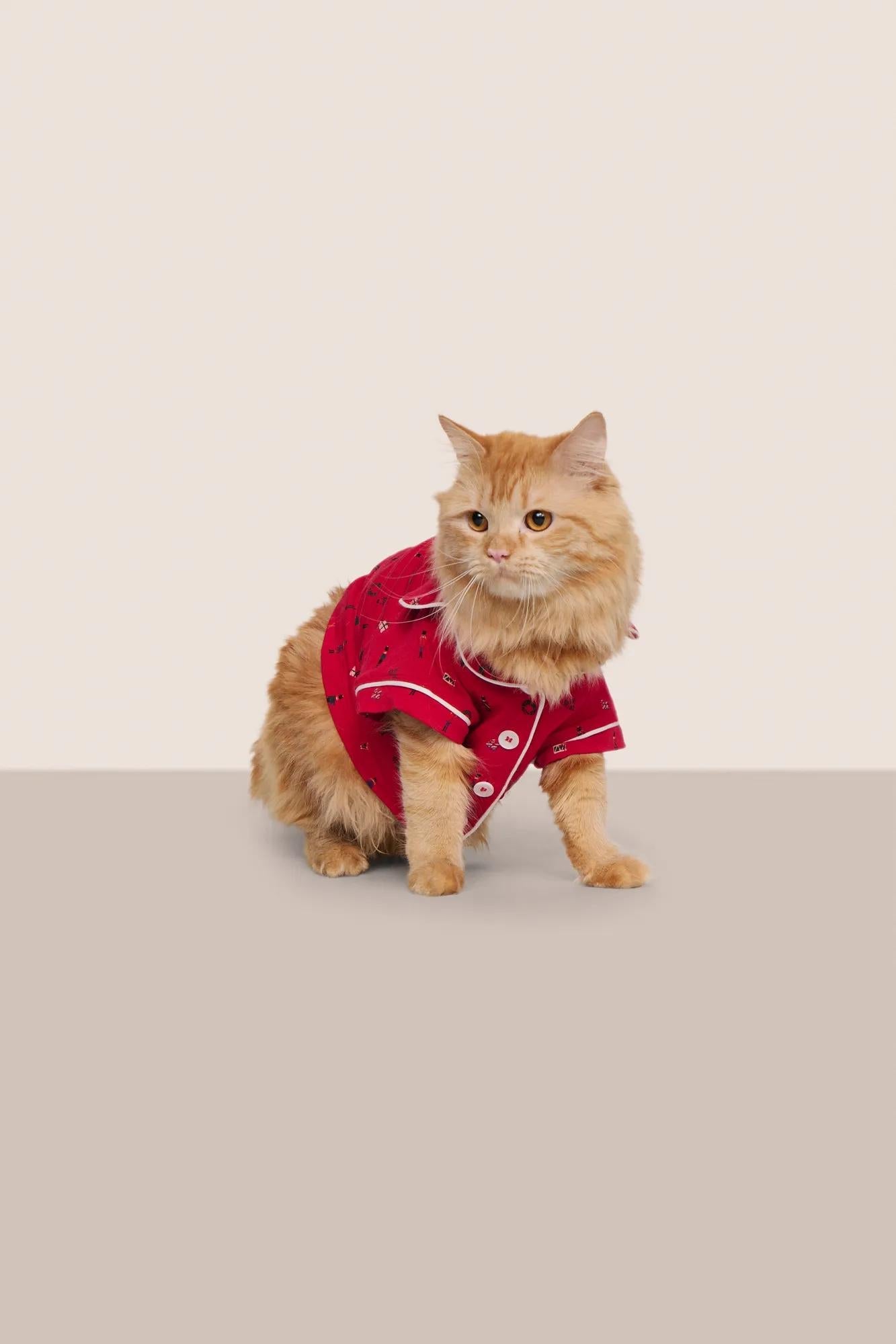 Model is wearing Gisele Printed TENCEL Modal Pet PJ  in Nutcracker Holly Red/Ivory