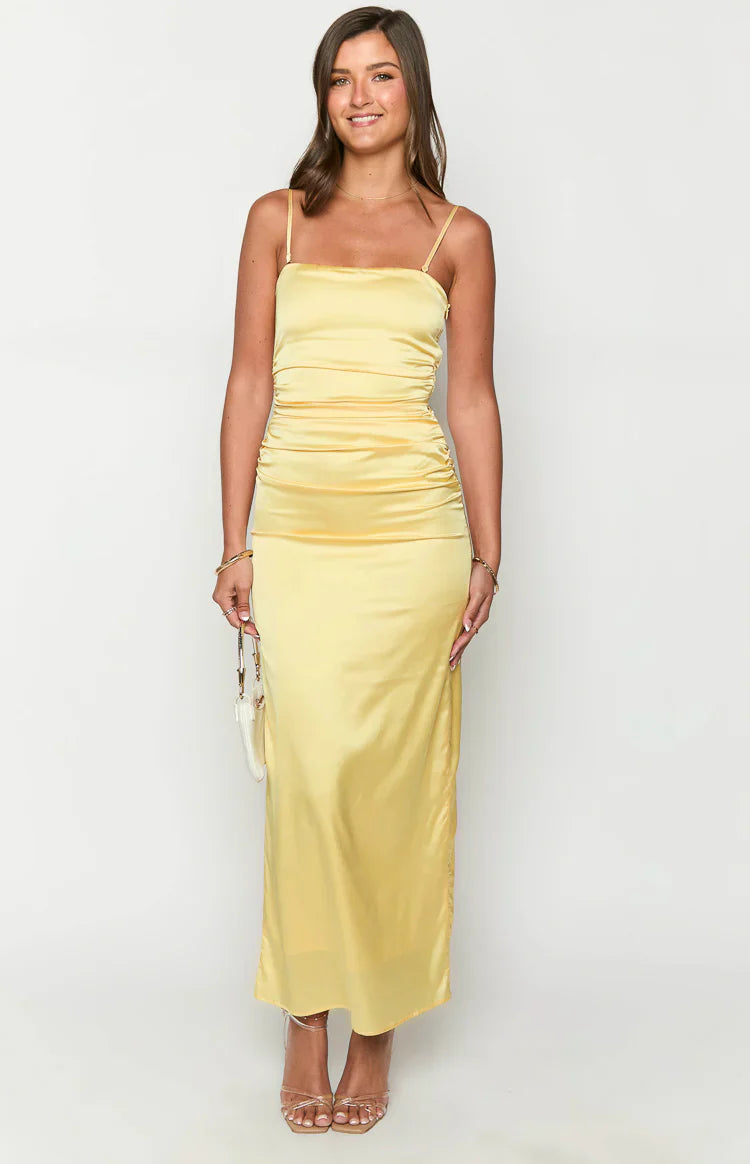 Bloom Satin Strapless Maxi Dress | Yellow