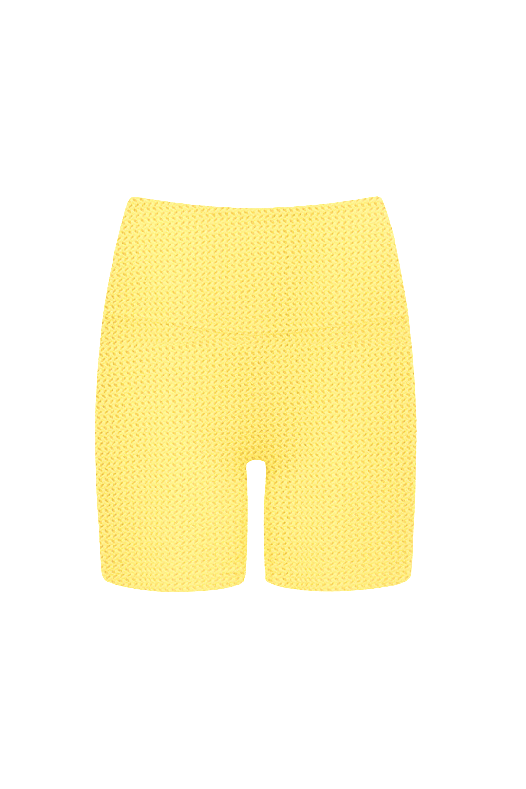 Yellow crochet bike shorts with textured knit fabric and mid-thigh length.