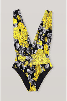 Yellow Floral V neck Swimsuit | Black
