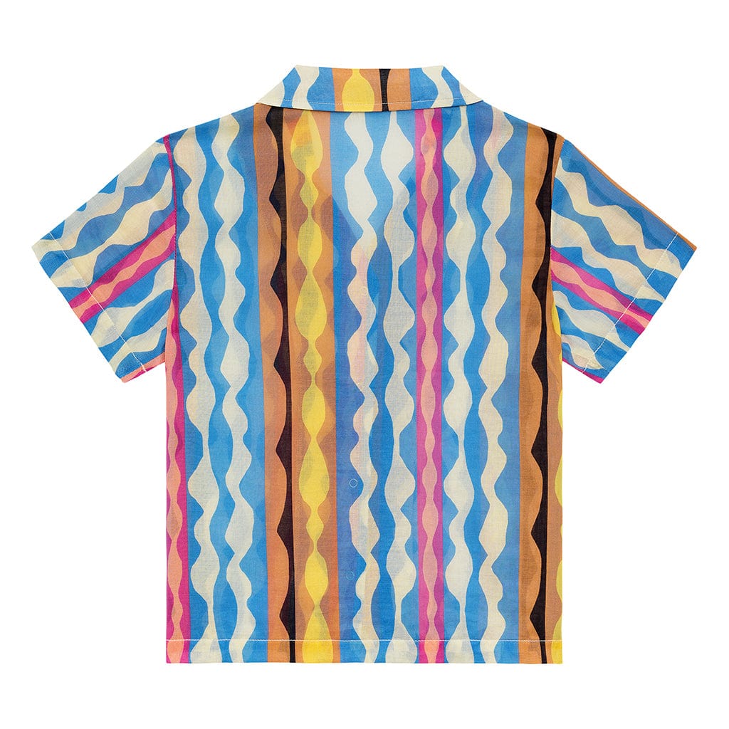 Short-sleeved button-down shirt with vertical wavy stripes in blue, pink, yellow, brown, and cream.