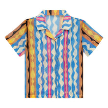 Short-sleeved button-up shirt with multicolored abstract geometric pattern in blue, pink, yellow, orange and cream stripes an
