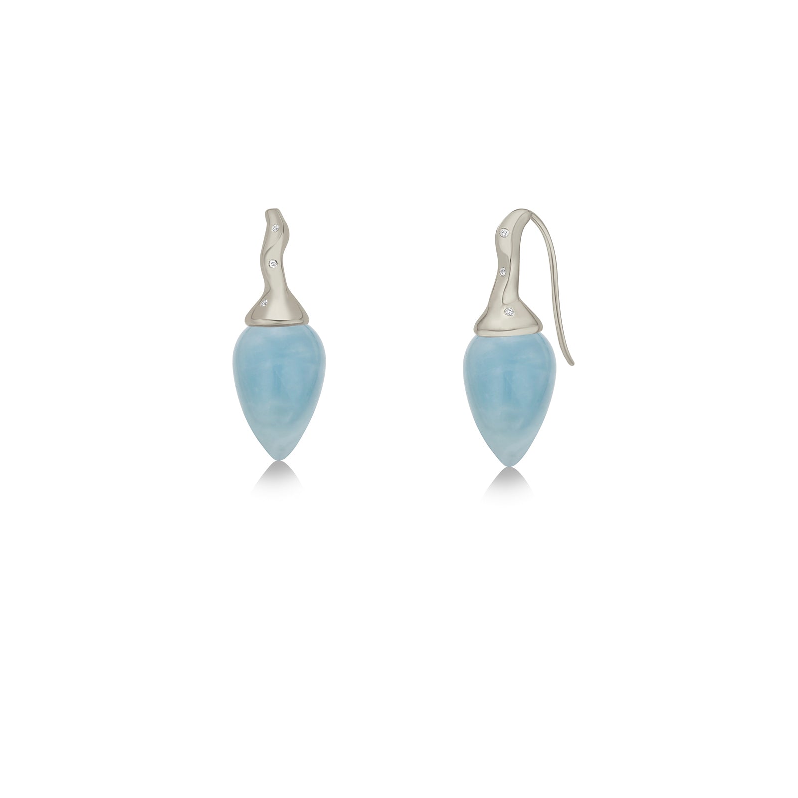 Aquamarine drop earrings with white gold and diamond ripple bales, on a white background.