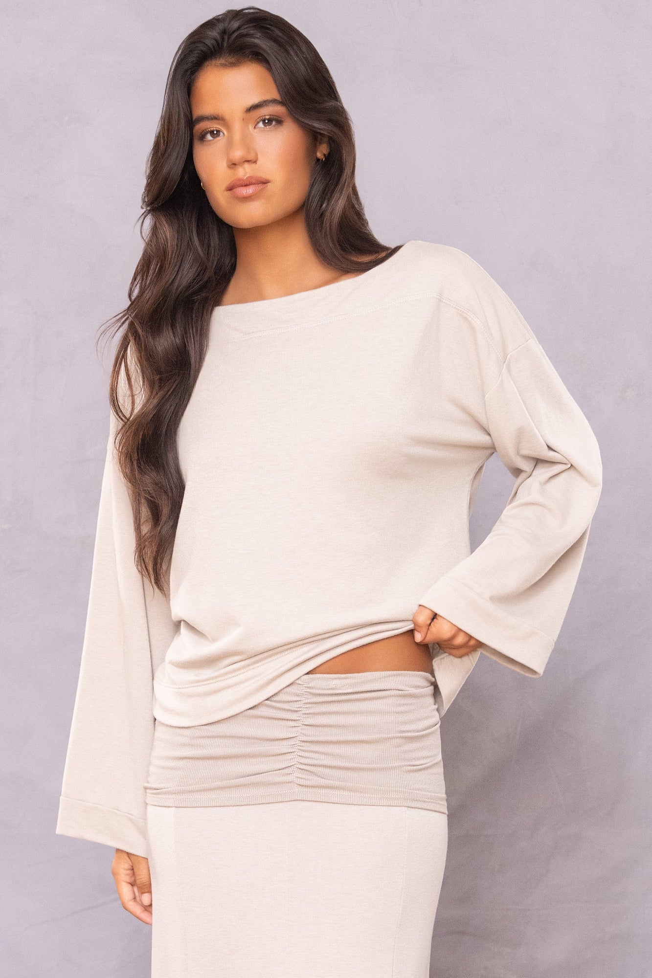 Women | Butter Terry Slouchy Off Shoulder Pullover | Desert