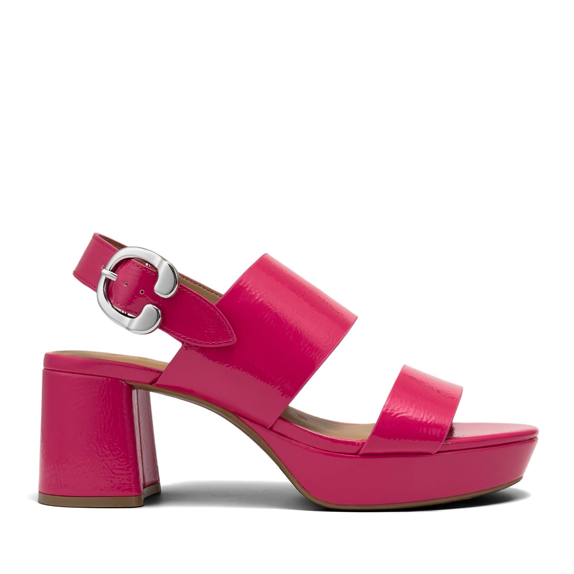 Camera Sandal Platform | Magenta Faux Crinkle Patent