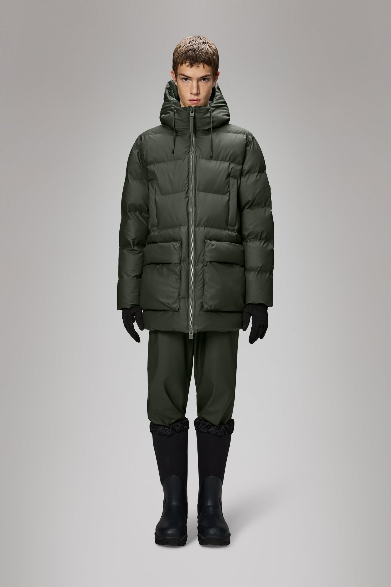 RAINS Alta Long Puffer Cargo Jacket Green Jacket