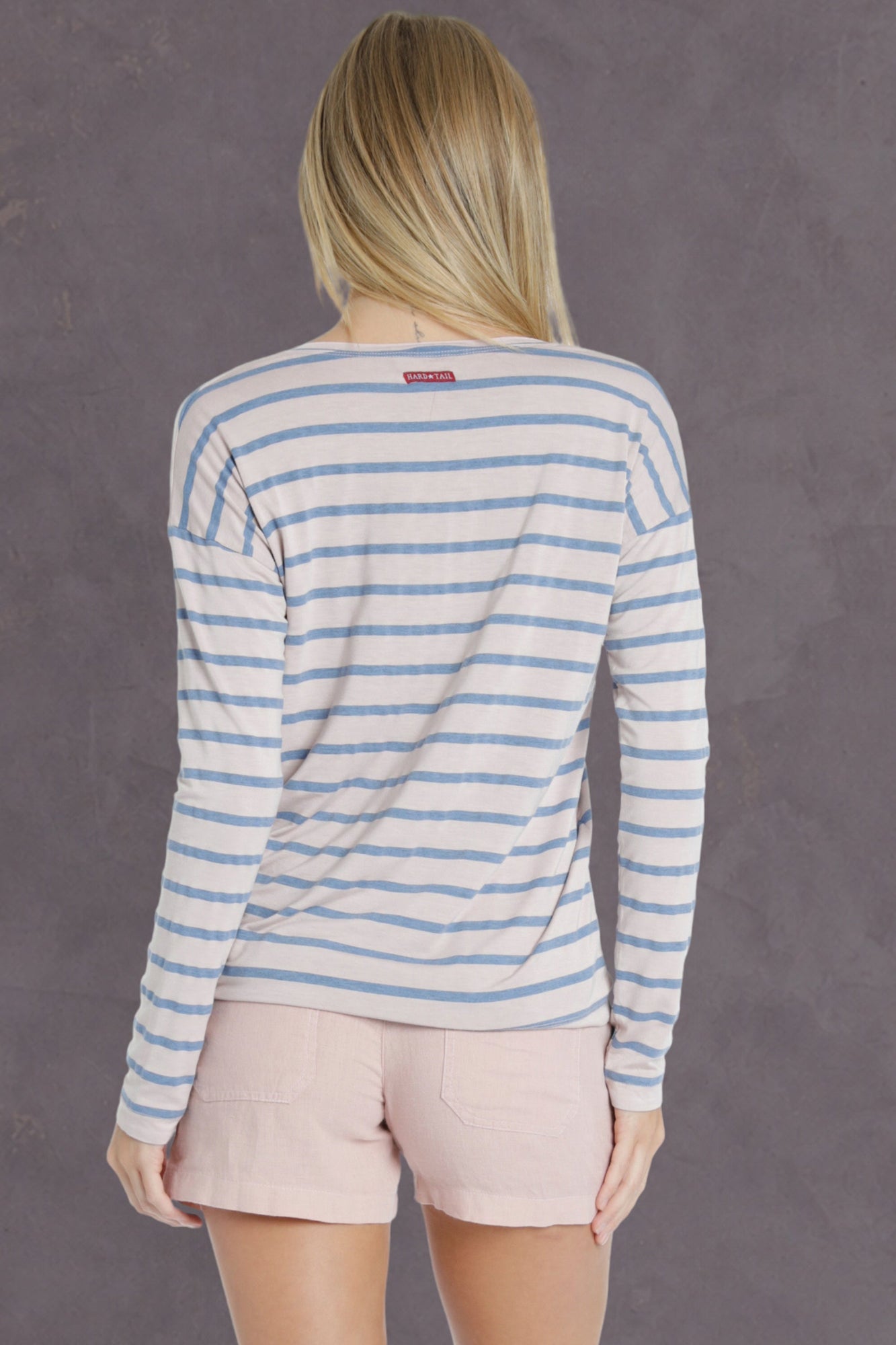 Women | Chambray Stripe Oversized Henley Tee | Rose Quartz