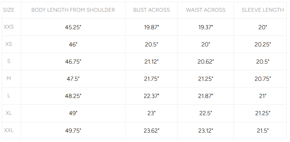 Product size guide