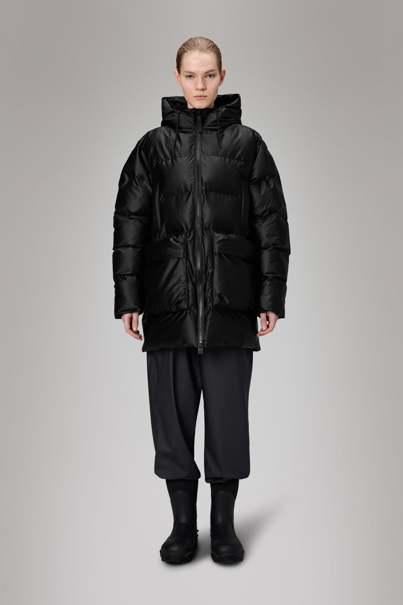 RAINS Alta Long Puffer Cargo Jacket Black Grain Jacket