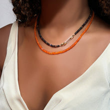 Espresso opal necklace with medium pavé charm lock and orange opal necklace. 