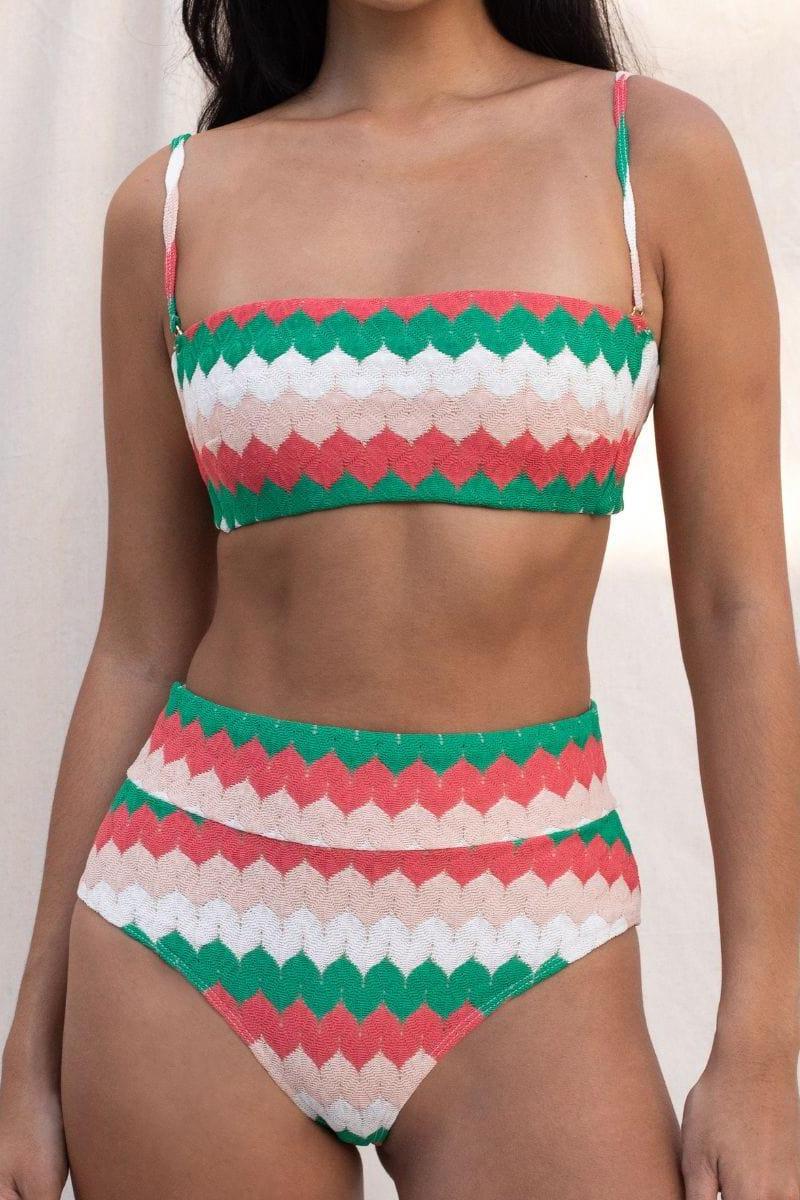 Bandeau bikini top with green, white, and red horizontal chevron stripes and adjustable shoulder straps.