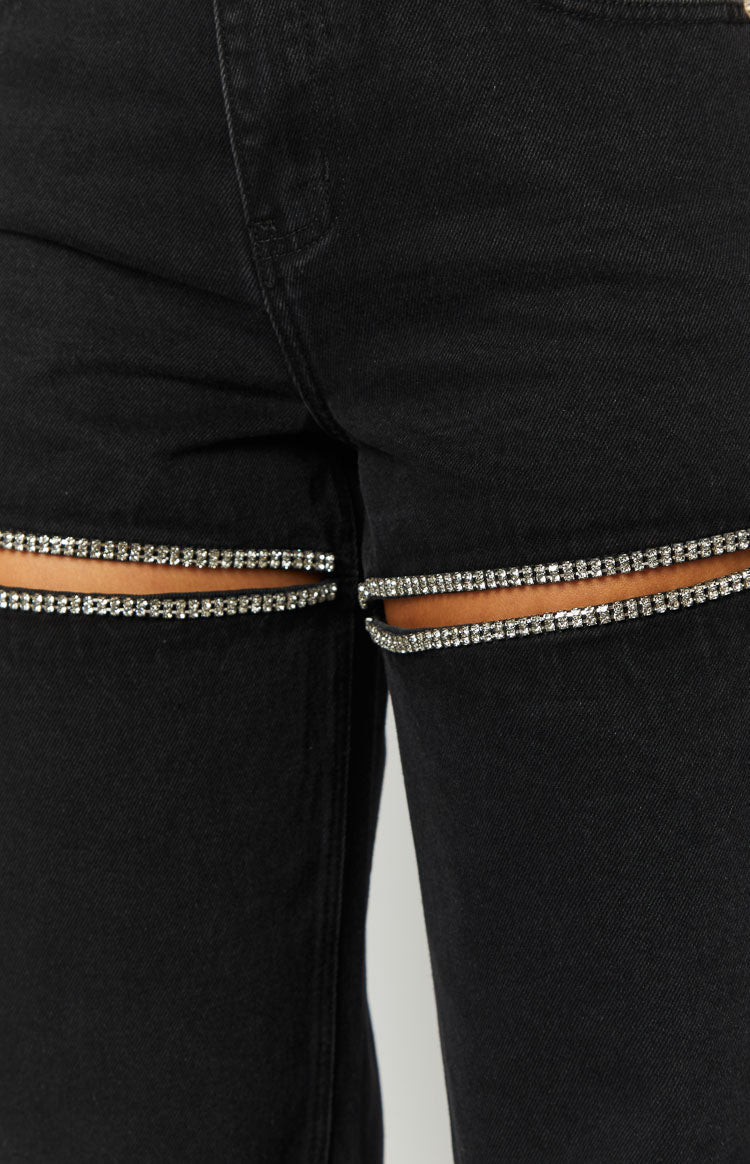 Gem Diamante Trim Wide Leg Denim Jeans | Black