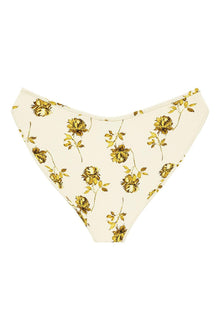Cream bikini bottom with gold filigree floral print throughout.