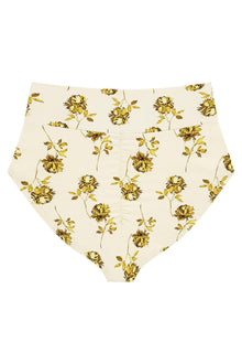 High-rise bikini bottom in cream with gold and brown floral print throughout.
