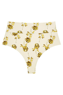 High rise bikini bottom in cream with gold and brown floral print throughout.