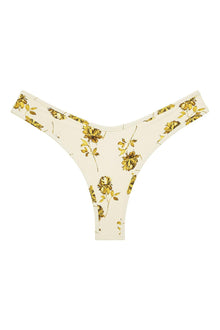 Cream bikini bottom with gold and yellow floral print throughout and wide side straps.