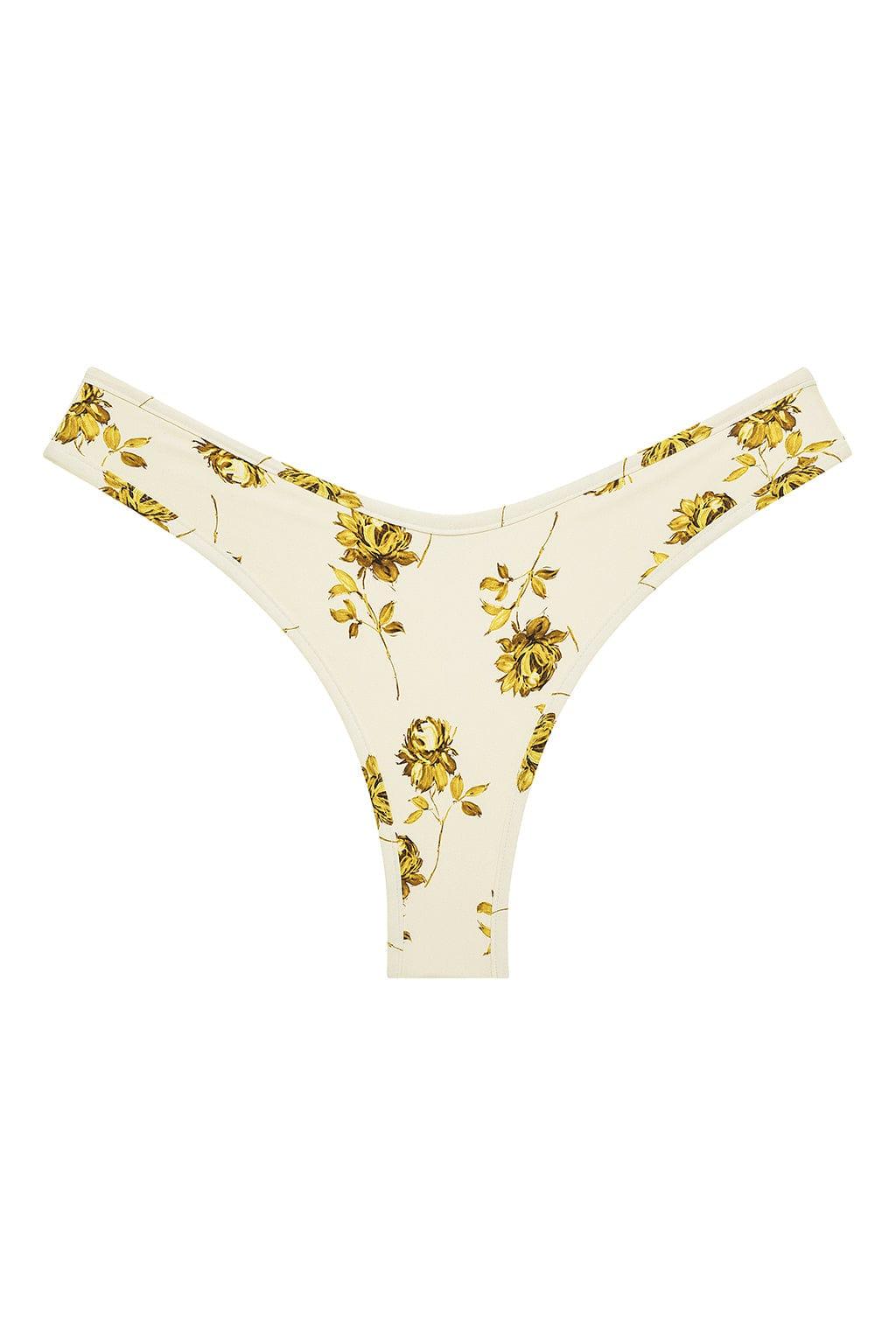 Cream bikini bottom with gold and yellow floral print throughout and wide side straps.