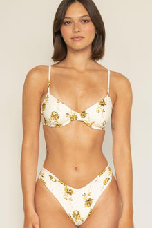 Gold filigree floral print bikini bottom in cream with adjustable side ties and high-cut leg.