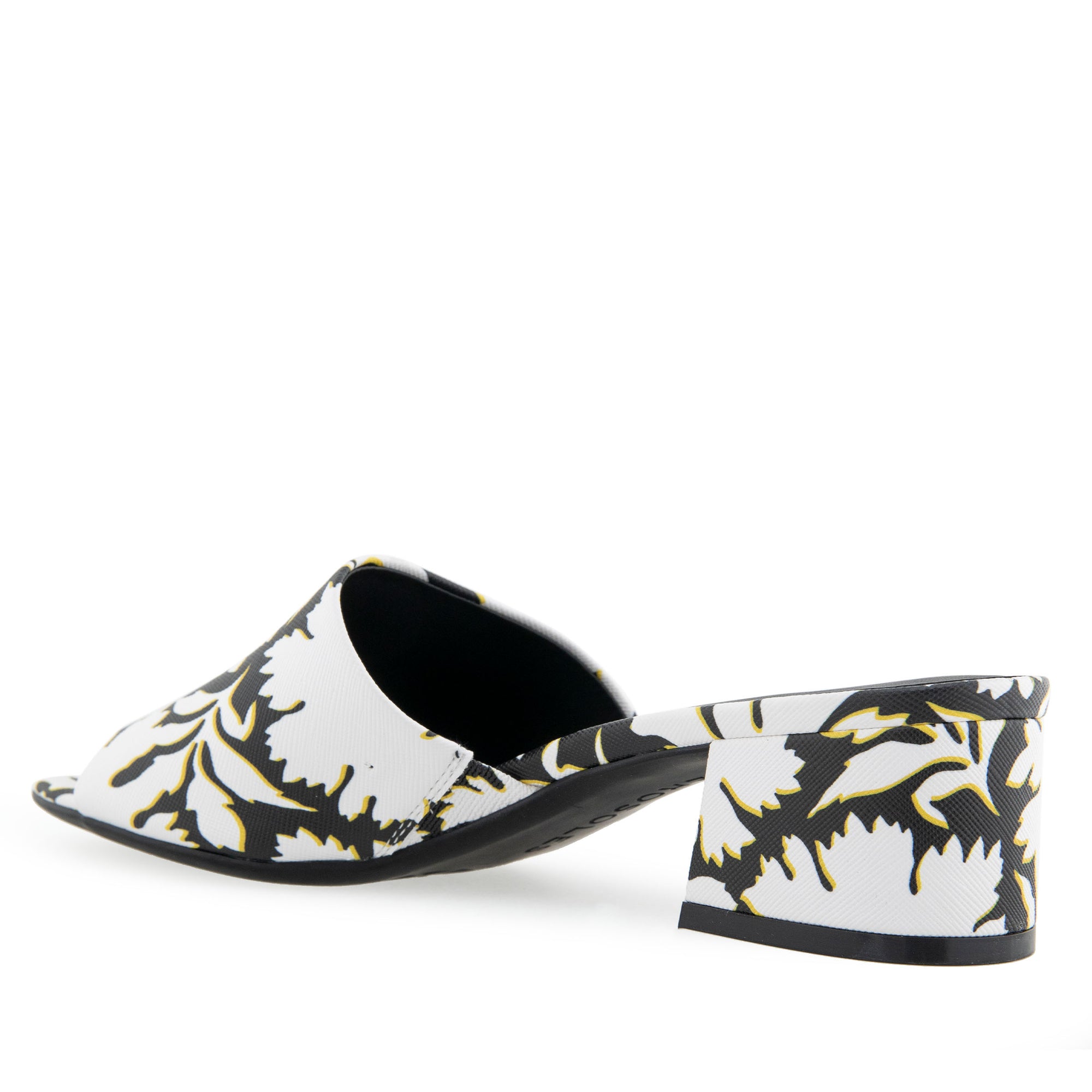 Como Sandal Block Heel | Bright White/Black Printed Floral Faux Leather Saffiano