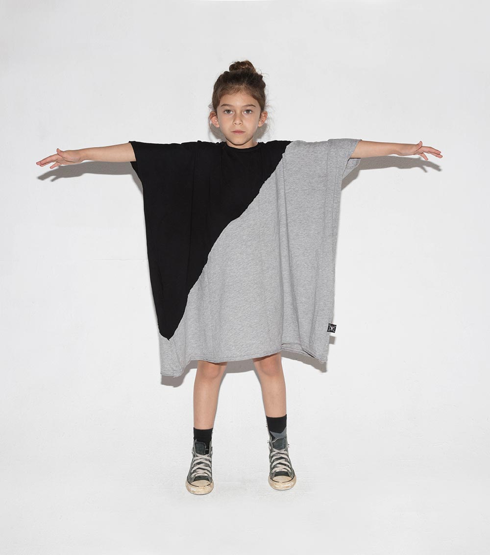 Kid | Half & Half Box Dress | Black x Grey
