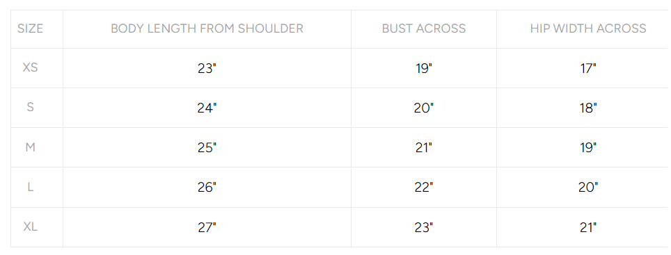 Product size guide