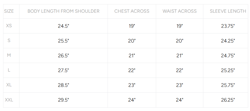Product size guide